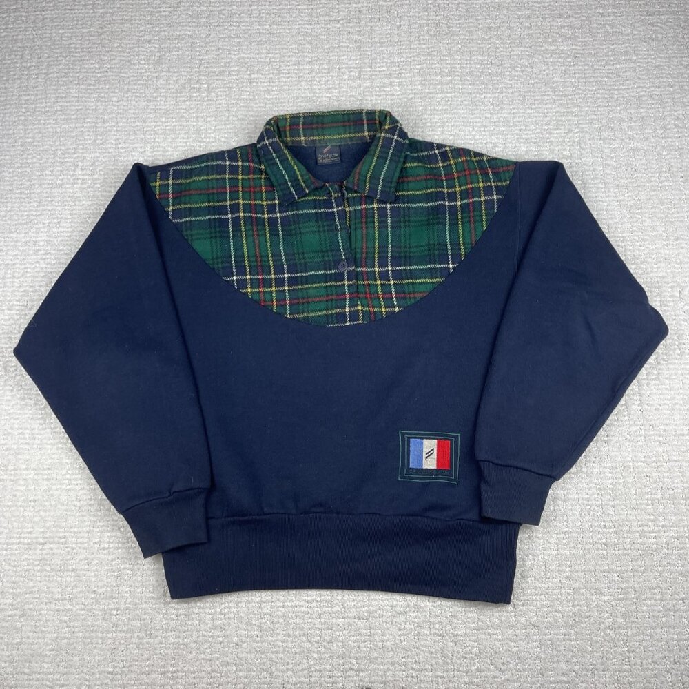 Vintage Daniel Hechter Sportswear Sweater Men Sz M Green Plaid Navy Blue (Read)